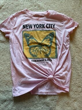 Abercrombie & Fitch Pink Tee with Yellow & Teal Butterfly Graphic